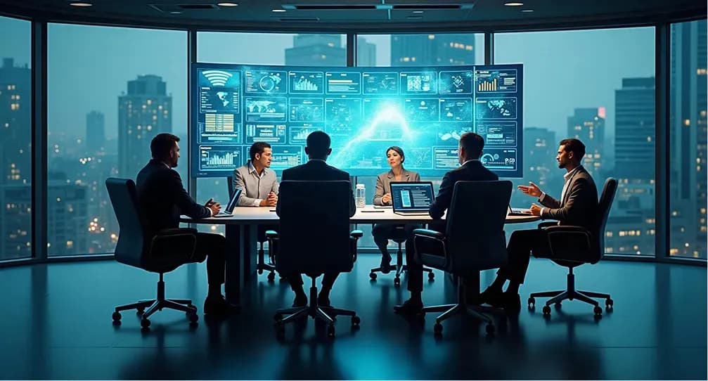 Réunion professionnelle d’accompagnement en intelligence artificielle, avec des experts analysant des données pour un diagnostic stratégique d’entreprise